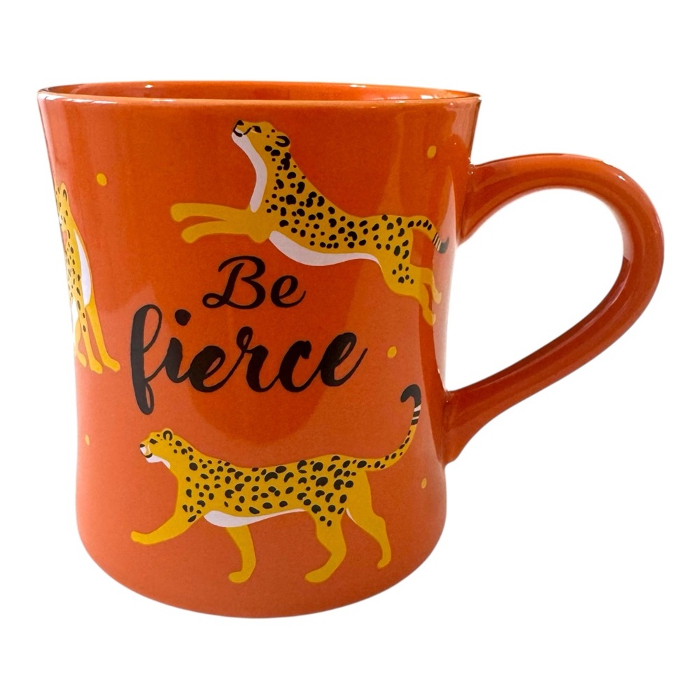 Be Fierce Oversized Cheetah Print Orange Ceramic Coffee Cup Tea Cocoa Mug NWT